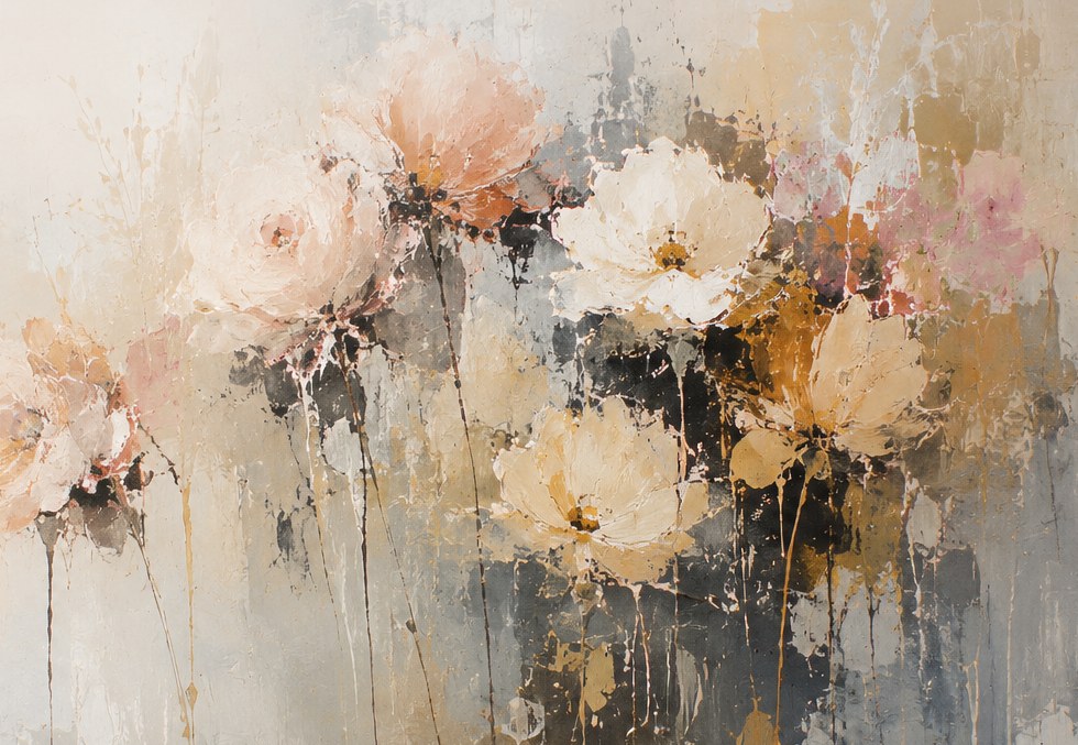 Helle Blüten in Rosé und Creme vor lichtem, verwaschenem Hintergrund